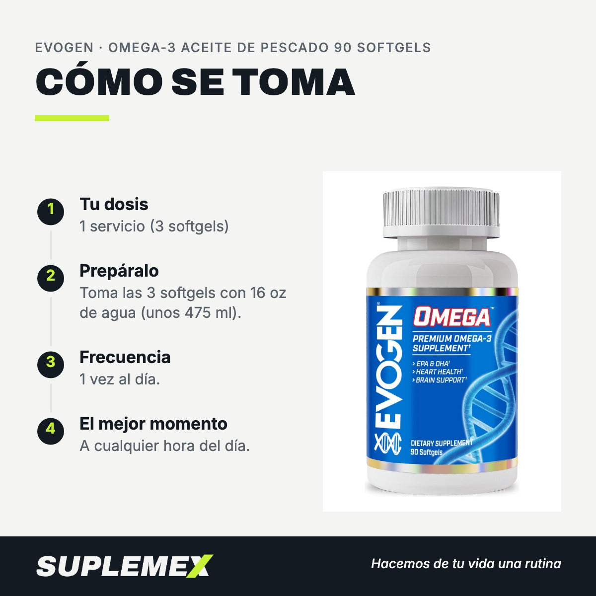 Modo de uso Omega-3 aceite de pescado: 3 softgels en 475 ml