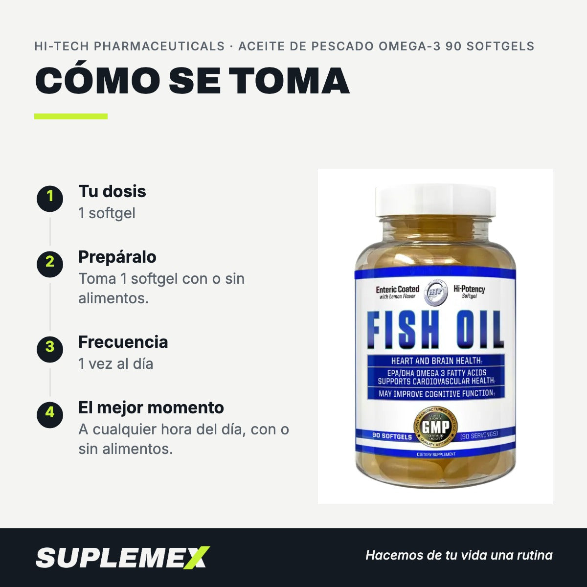 Modo de uso Aceite de pescado omega-3: 1 softgel