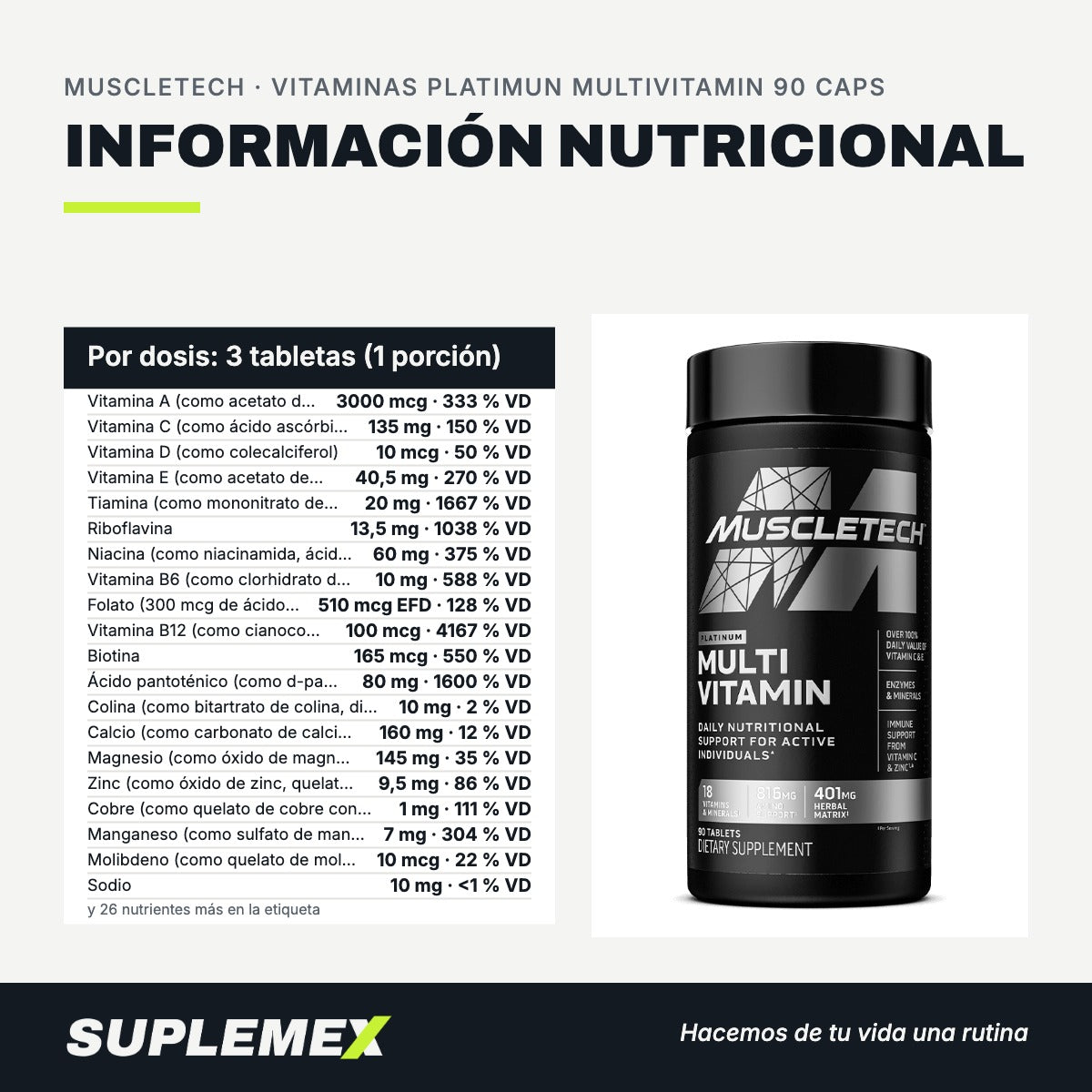 Información nutricional Vitaminas platimun multivitamin 90 caps