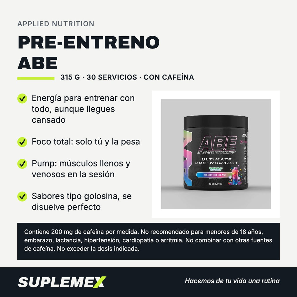 Ficha de beneficios de Pre-entreno ABE Applied Nutrition 315 g: 10,5 g por medida con 200 mg de cafeína.