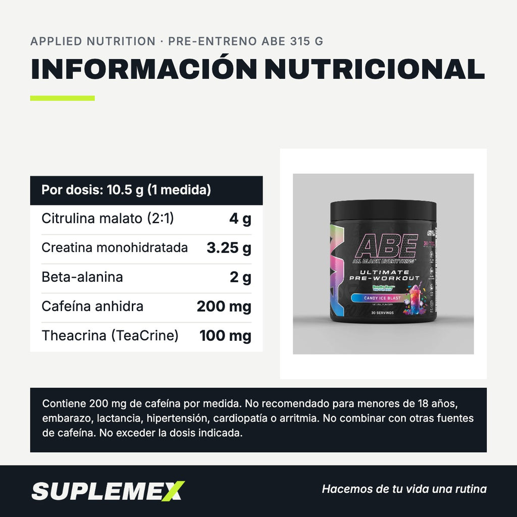 Tabla nutricional de Pre-entreno ABE Applied Nutrition 315 g: 200 mg de cafeína por medida de 10,5 g.