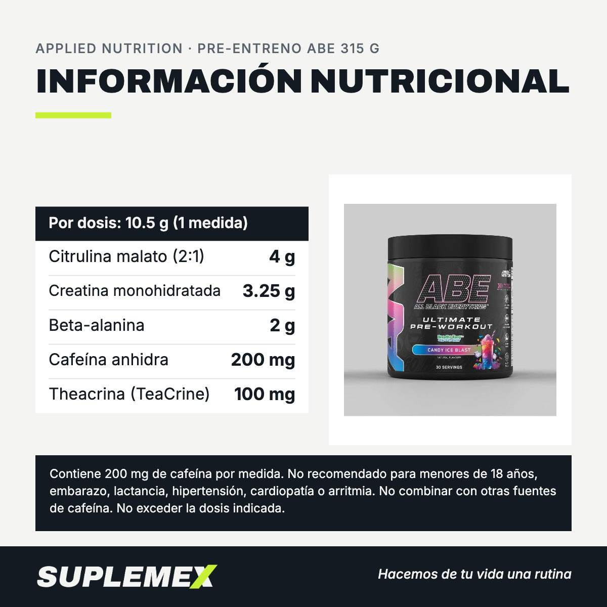 Tabla nutricional de Pre-entreno ABE Applied Nutrition 315 g: 200 mg de cafeína por medida de 10,5 g.