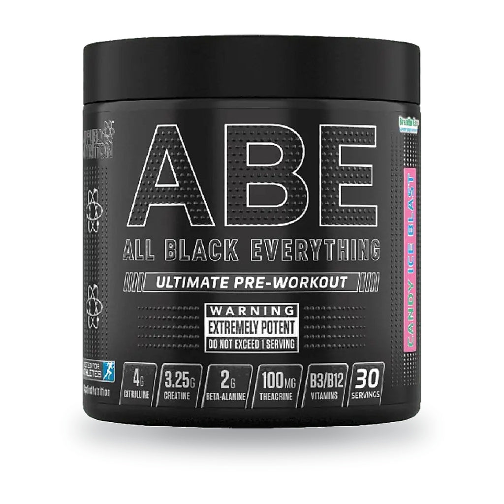 Pre-entreno ABE 315 g Applied Nutrition, envase frontal. 30 servicios de 10,5 g con 200 mg de cafeína.