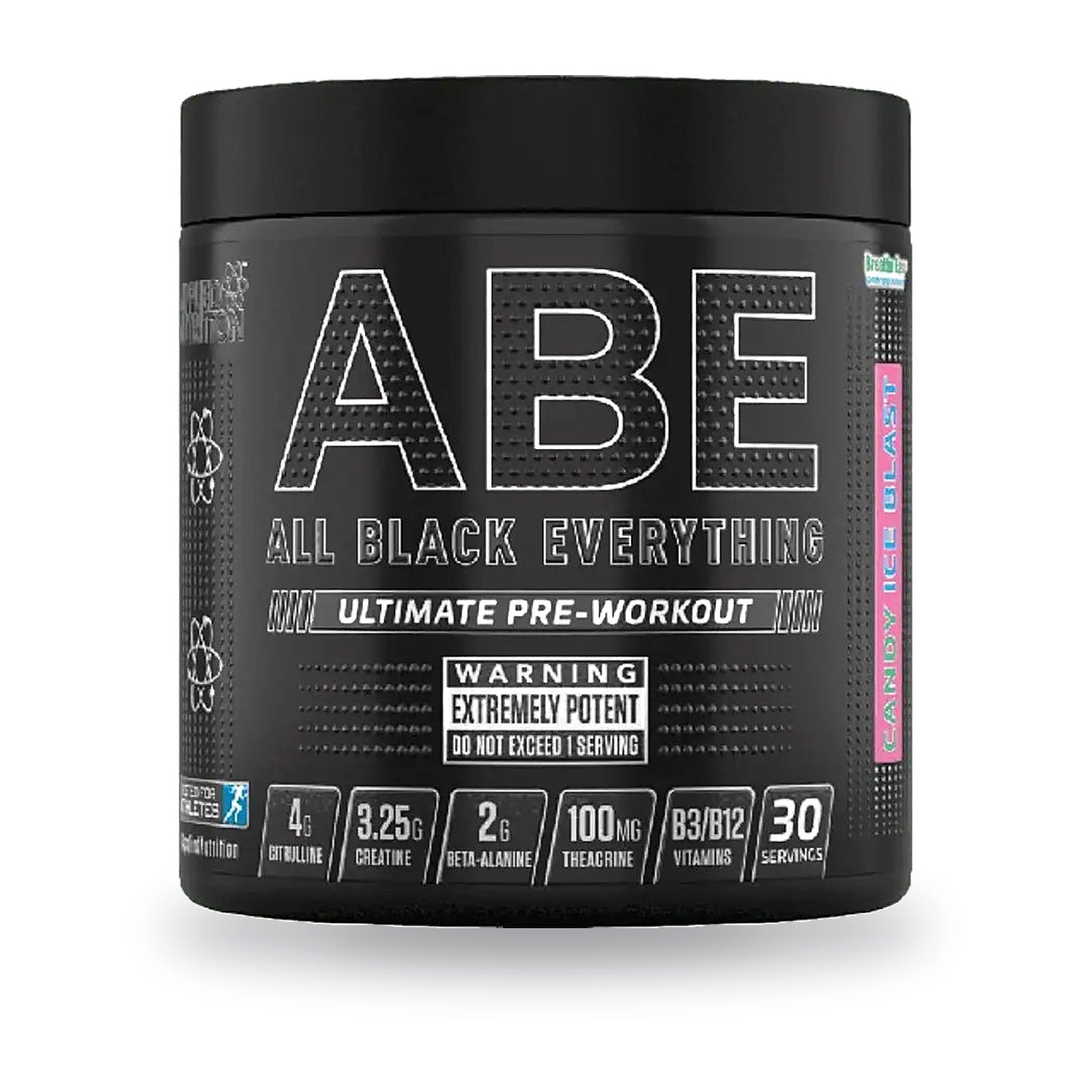 Pre-entreno ABE 315 g Applied Nutrition, envase frontal. 30 servicios de 10,5 g con 200 mg de cafeína.