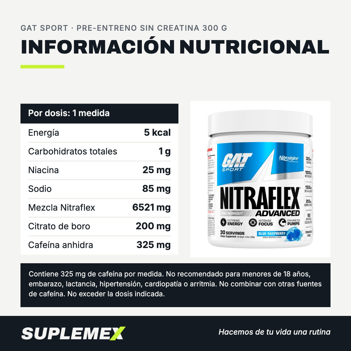 Información nutricional Pre-entreno sin creatina 300 g