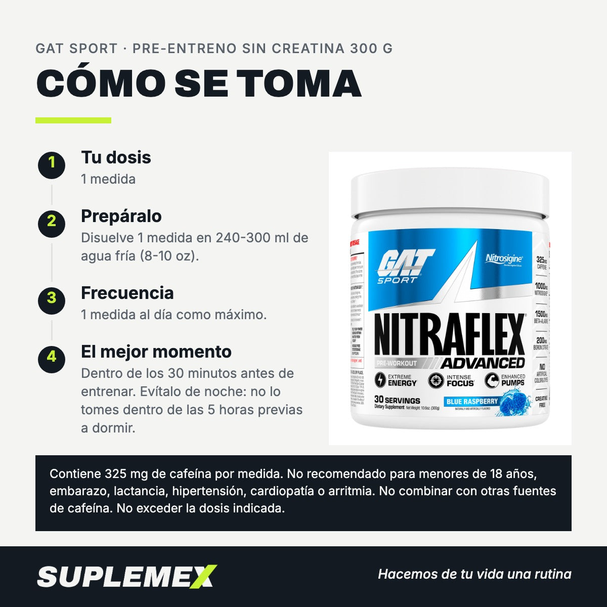Modo de uso Pre-entreno sin creatina: 1 medida en 240-300 ml