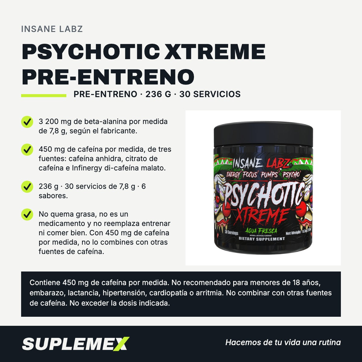 Gráfica de beneficios de Psychotic xtreme pre-entreno 236 g