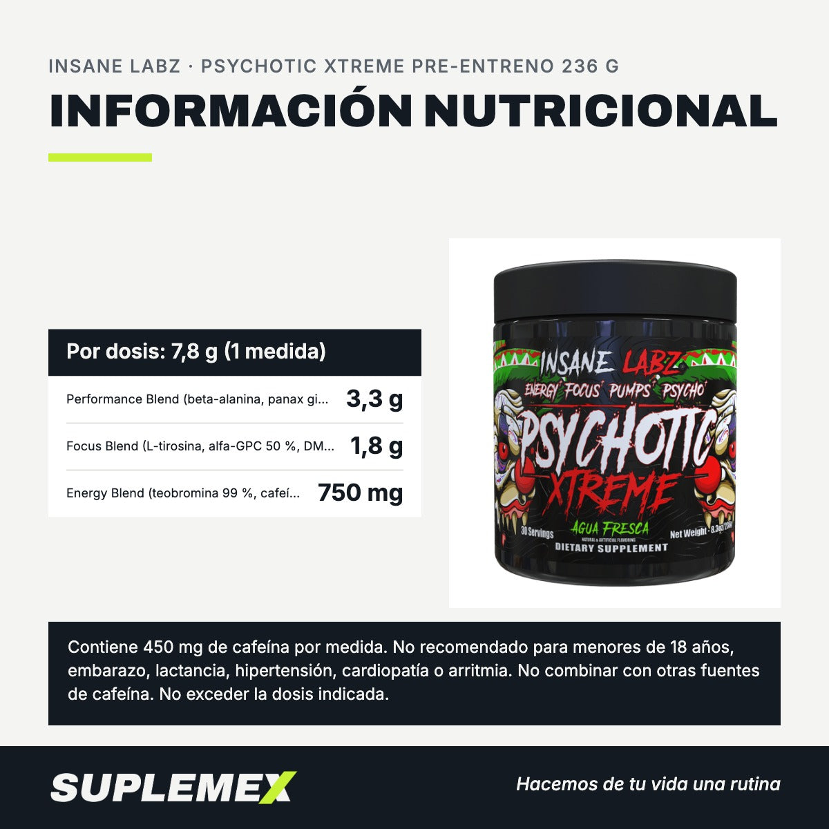 Información nutricional Psychotic xtreme pre-entreno 236 g