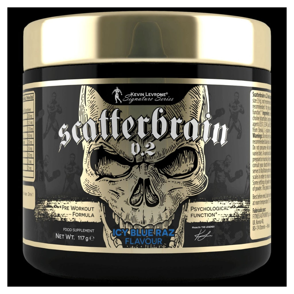 Scatterbrain v.2 pre-entreno Kevin Levrone 117 g | 200 mg de cafeína por toma de 3,9 g · esa toma es media medida, no una entera.