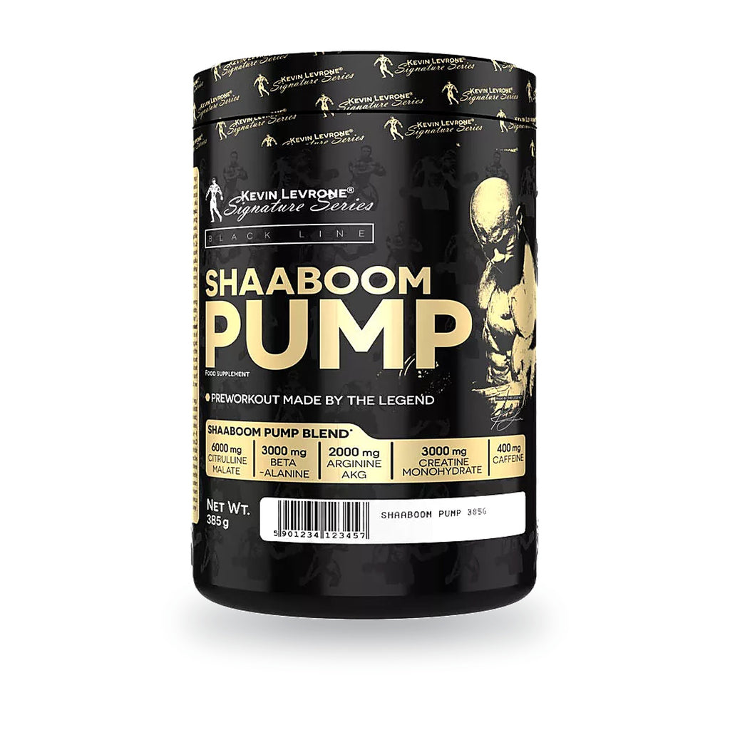 Pre-entreno Shaaboom Pump 385 g Kevin Levrone, envase frontal. 44 servicios de 8,75 g con 200 mg de cafeína.