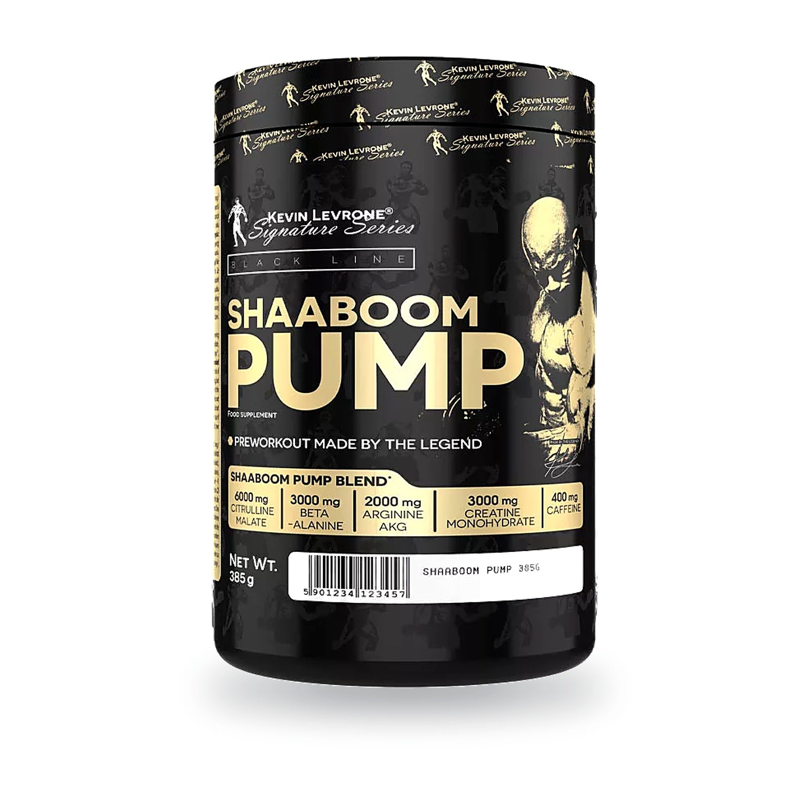 Pre-entreno Shaaboom Pump 385 g Kevin Levrone, envase frontal. 44 servicios de 8,75 g con 200 mg de cafeína.