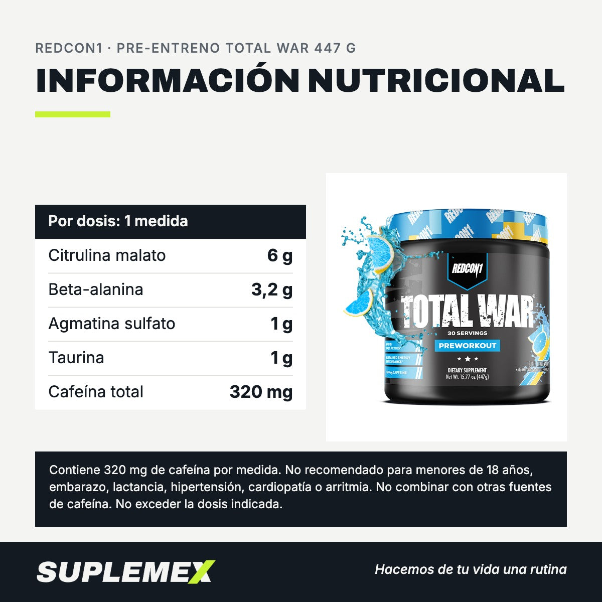 Información nutricional Pre-entreno total war 447 g