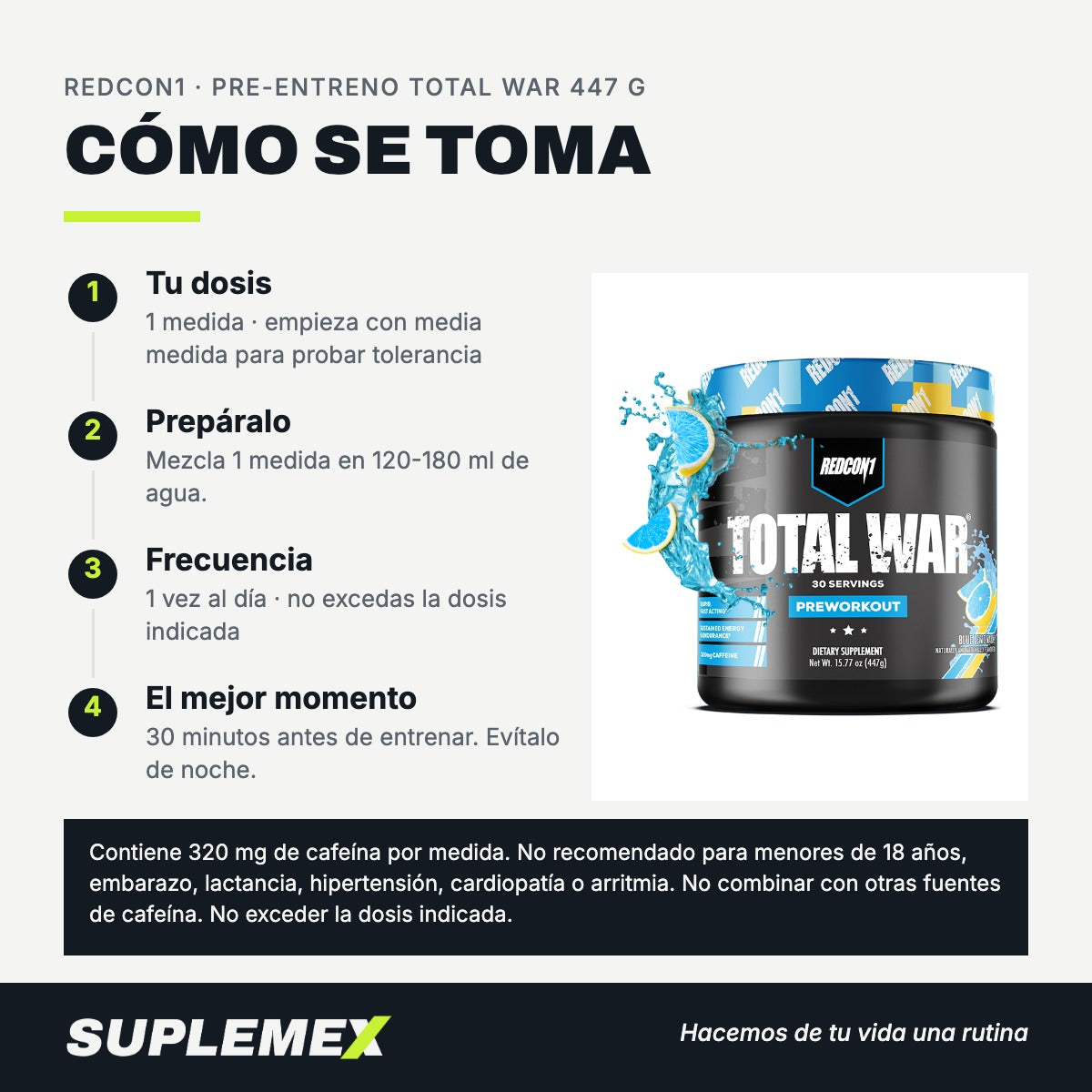 Modo de uso Pre-entreno total war: 1 medida en 120-180 ml
