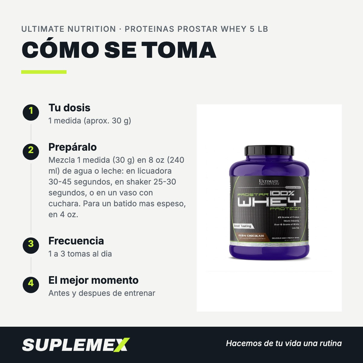 Modo de uso Proteinas prostar whey: 30 g (1 medida) en 240 ml