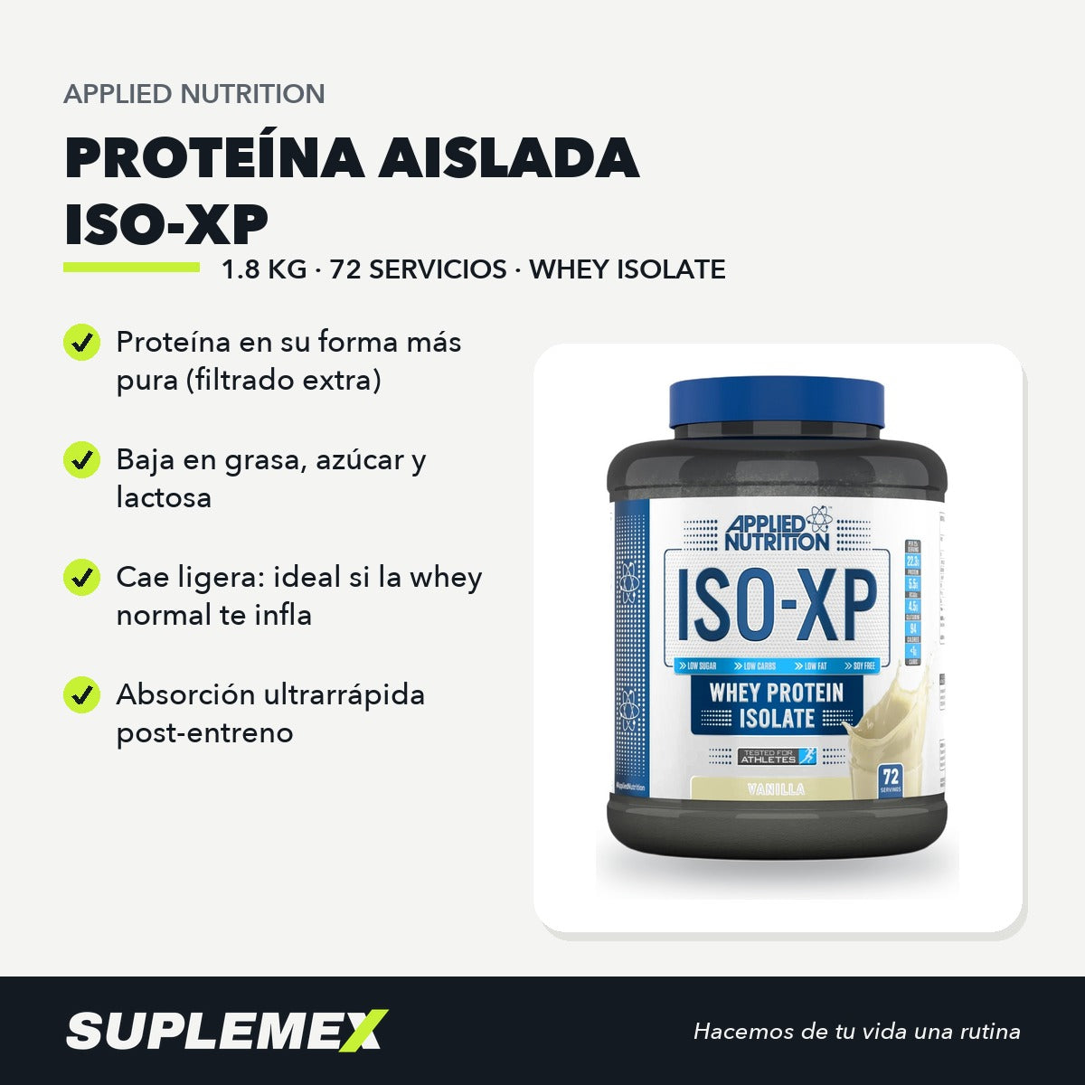 Ficha de beneficios de ISO-XP Applied Nutrition 1,8 kg: 25 g por toma, 72 servicios por envase.