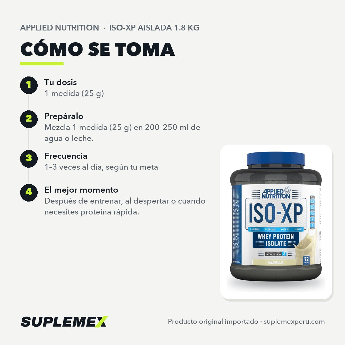 Modo de uso de ISO-XP Applied Nutrition 1,8 kg: una medida de 25 g en agua o leche.