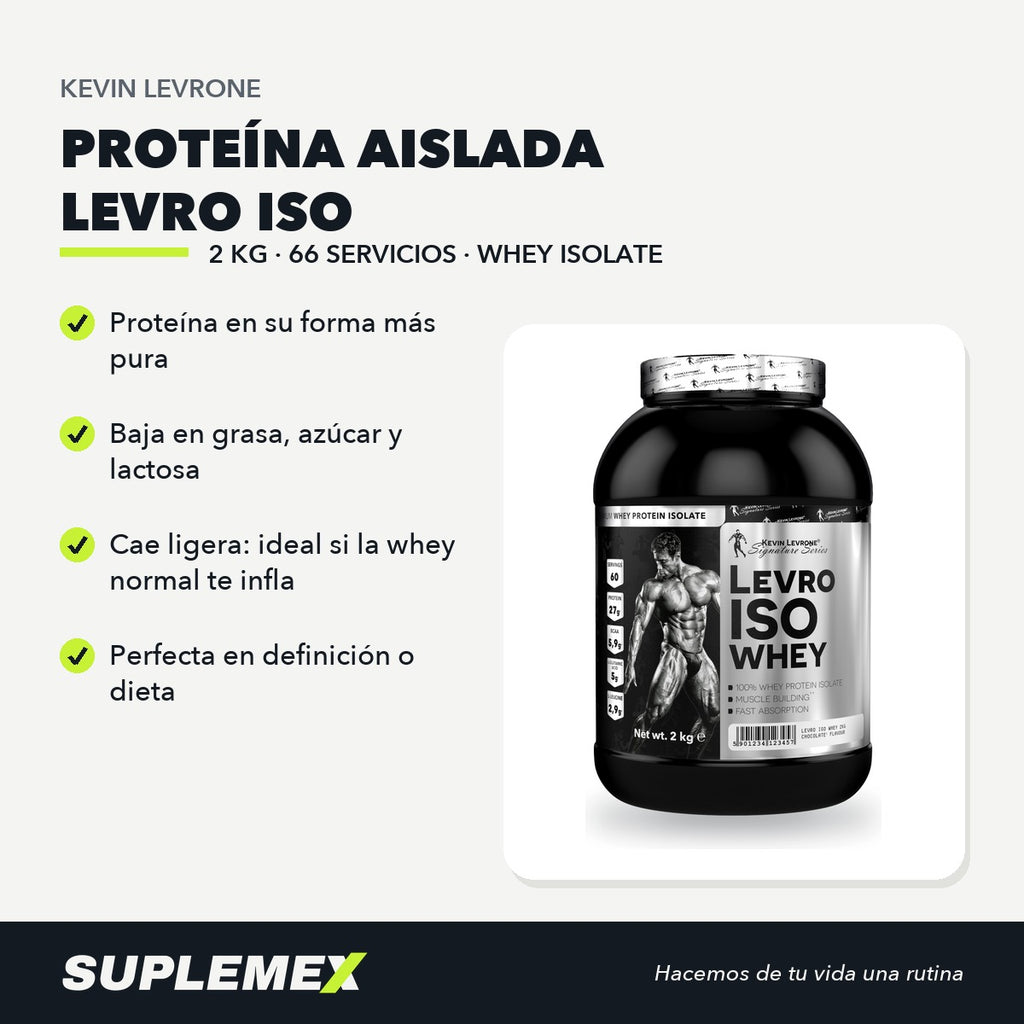 Ficha de beneficios de LevroISO Kevin Levrone 2 kg: 30 g por toma, 66 servicios por envase.