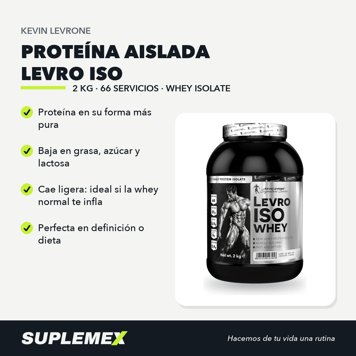 Ficha de beneficios de LevroISO Kevin Levrone 2 kg: 30 g por toma, 66 servicios por envase.