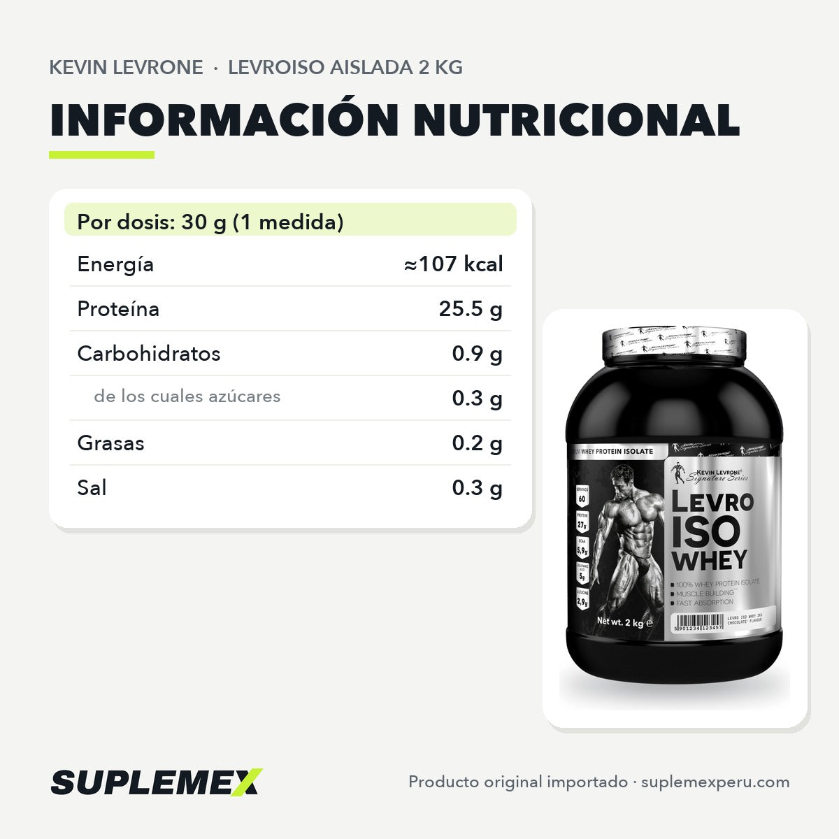 Tabla nutricional de LevroISO Kevin Levrone 2 kg: servicio de 30 g, 66 por envase.