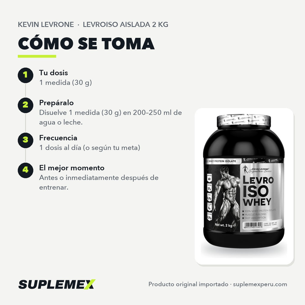 Modo de uso de LevroISO Kevin Levrone 2 kg: una medida de 30 g en agua o leche.