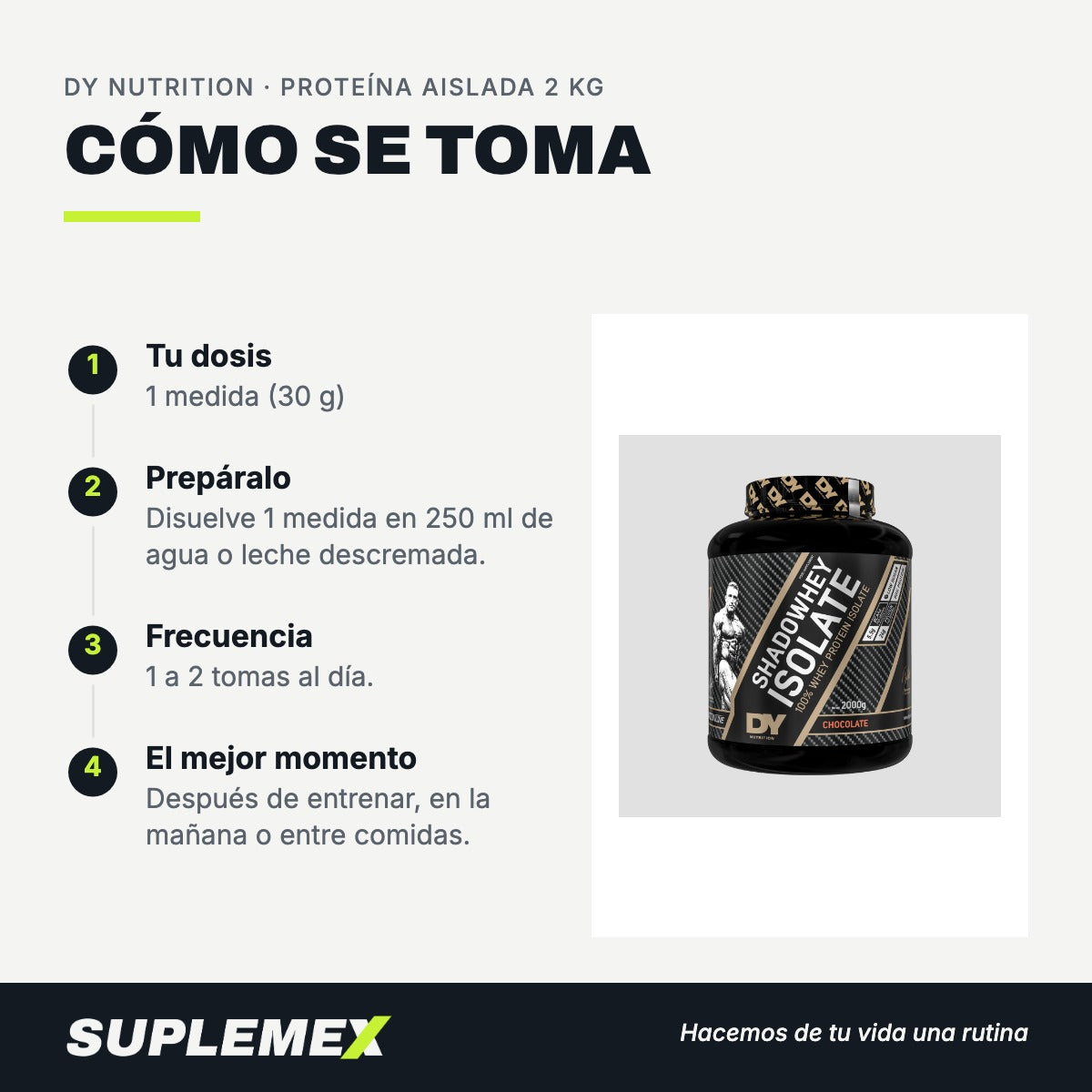 Modo de uso Proteína aislada: 30 g (1 medida) en 250 ml