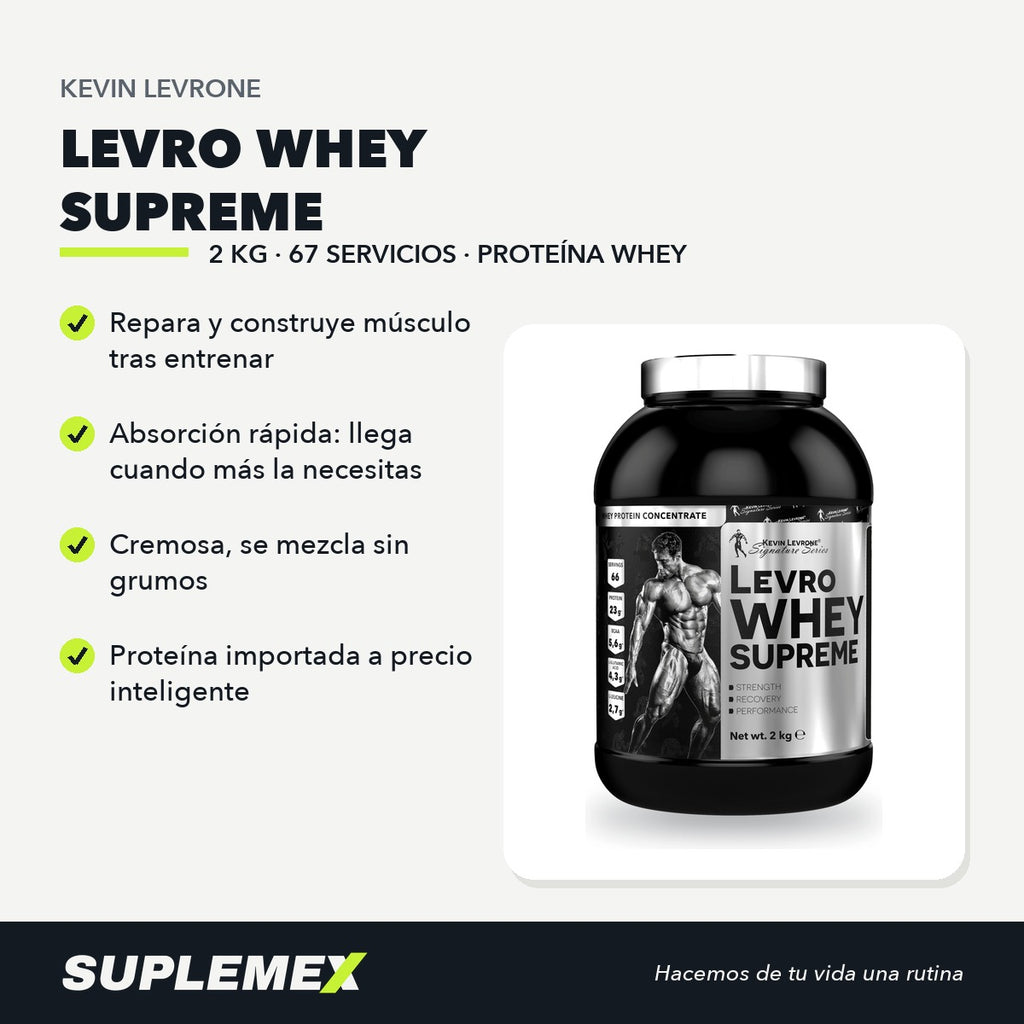 Ficha de beneficios de Levro Whey Supreme Kevin Levrone 2 kg: 30 g por toma, absorción rápida, se mezcla sin grumos.