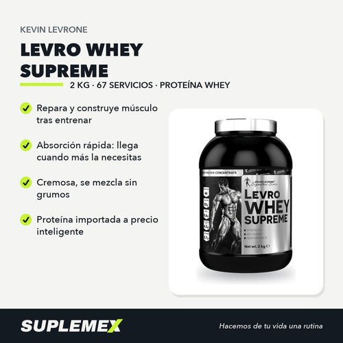 Ficha de beneficios de Levro Whey Supreme Kevin Levrone 2 kg: 30 g por toma, absorción rápida, se mezcla sin grumos.