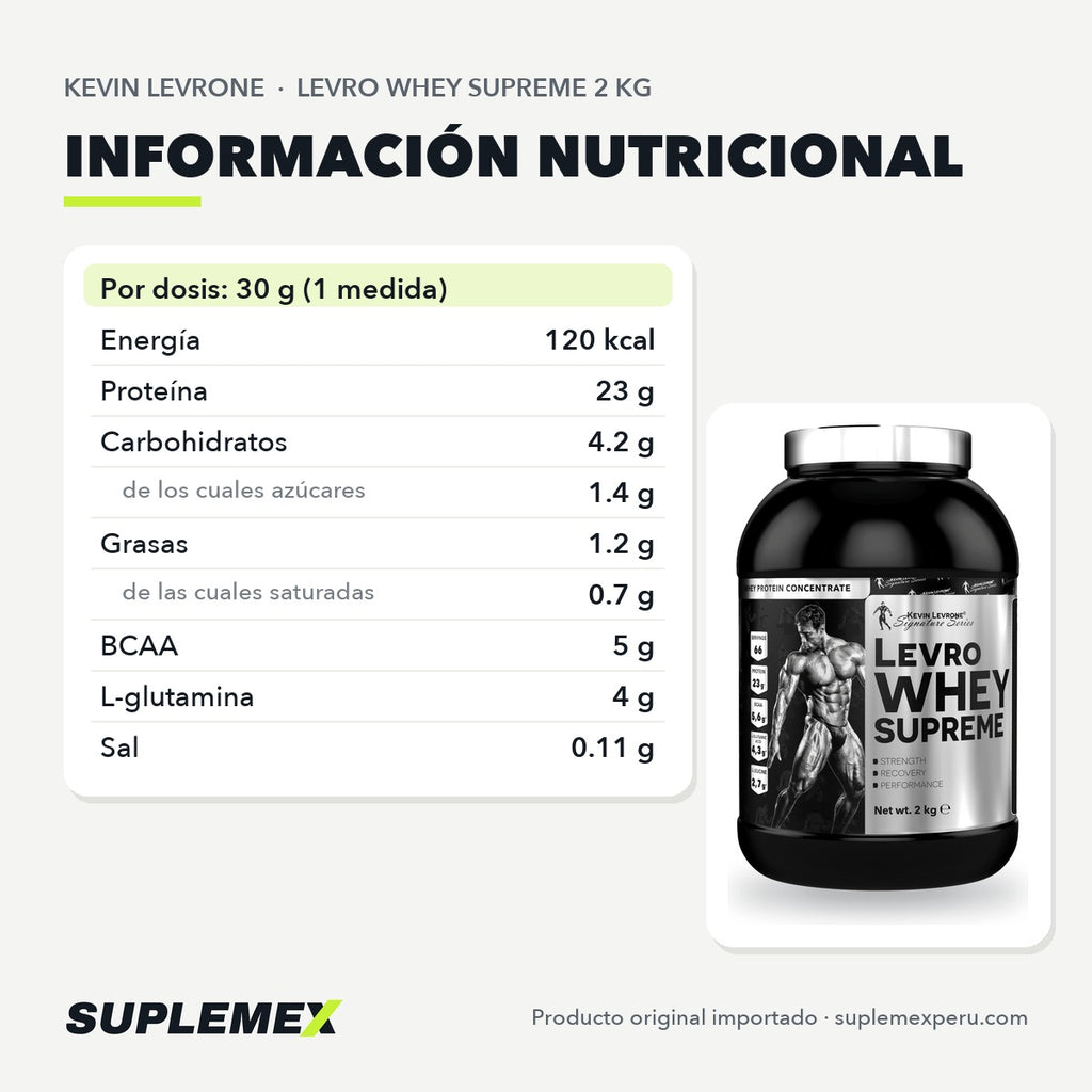 Tabla nutricional de Levro Whey Supreme Kevin Levrone 2 kg: servicio de 30 g, 66 por envase.