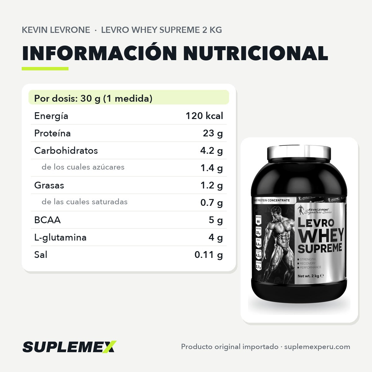 Tabla nutricional de Levro Whey Supreme Kevin Levrone 2 kg: servicio de 30 g, 66 por envase.