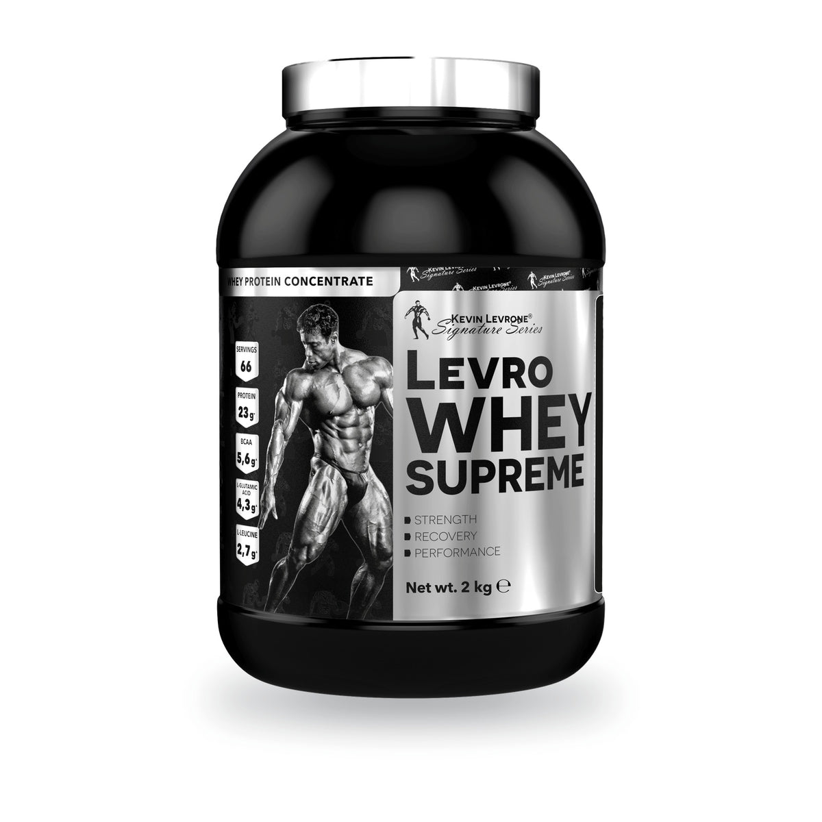 Proteína Levro Whey Supreme 2 kg Kevin Levrone, envase frontal. 66 servicios de 30 g.