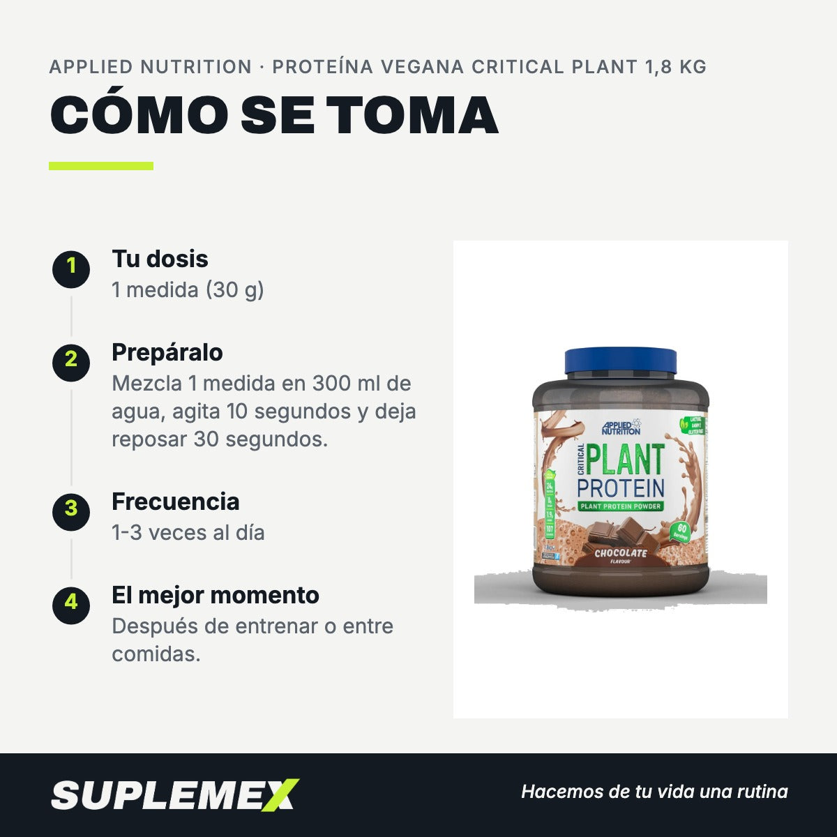 Modo de uso Proteína vegana critical plant: 30 g (1 medida) en 300 ml