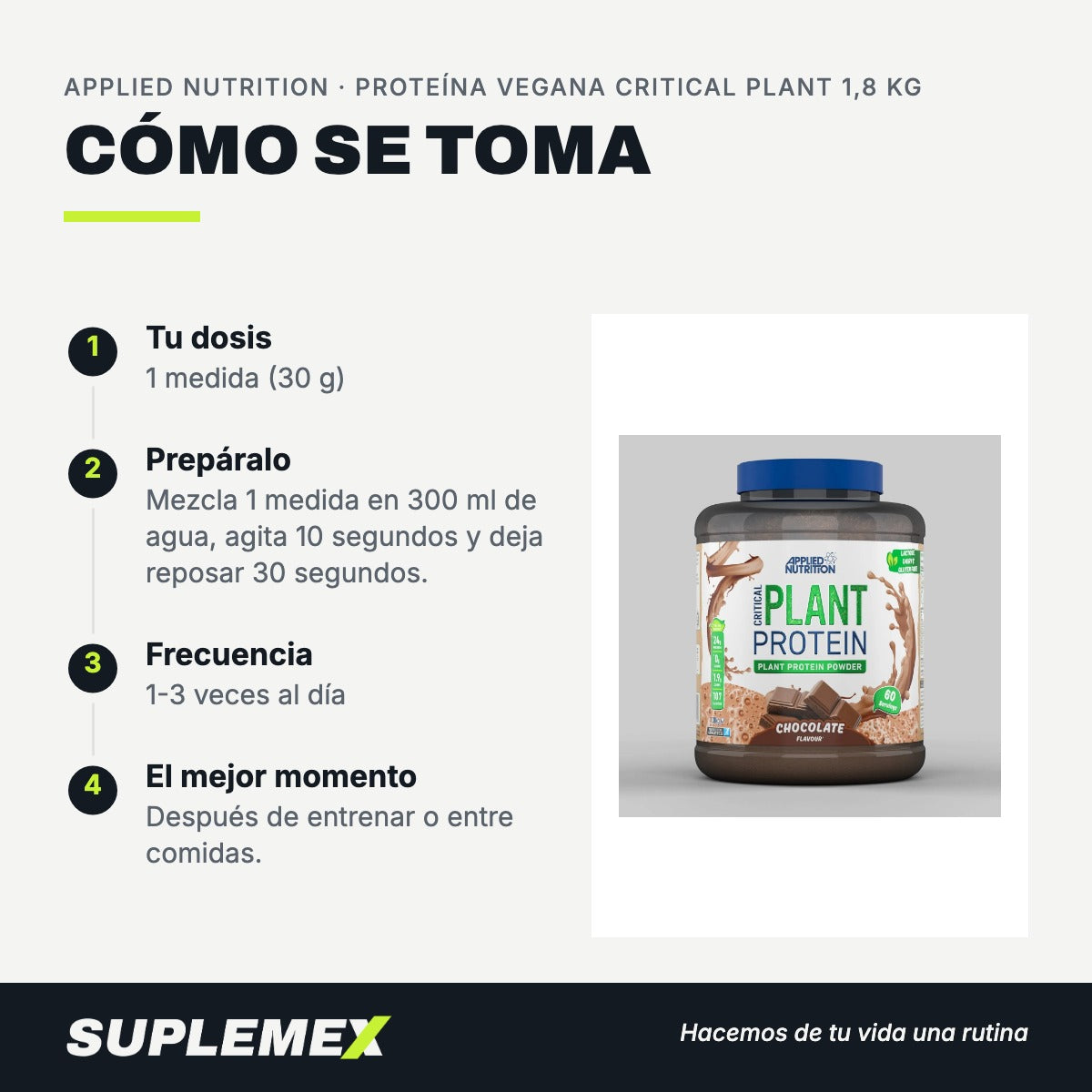 Modo de uso Proteína vegana critical plant: 30 g (1 medida) en 300 ml