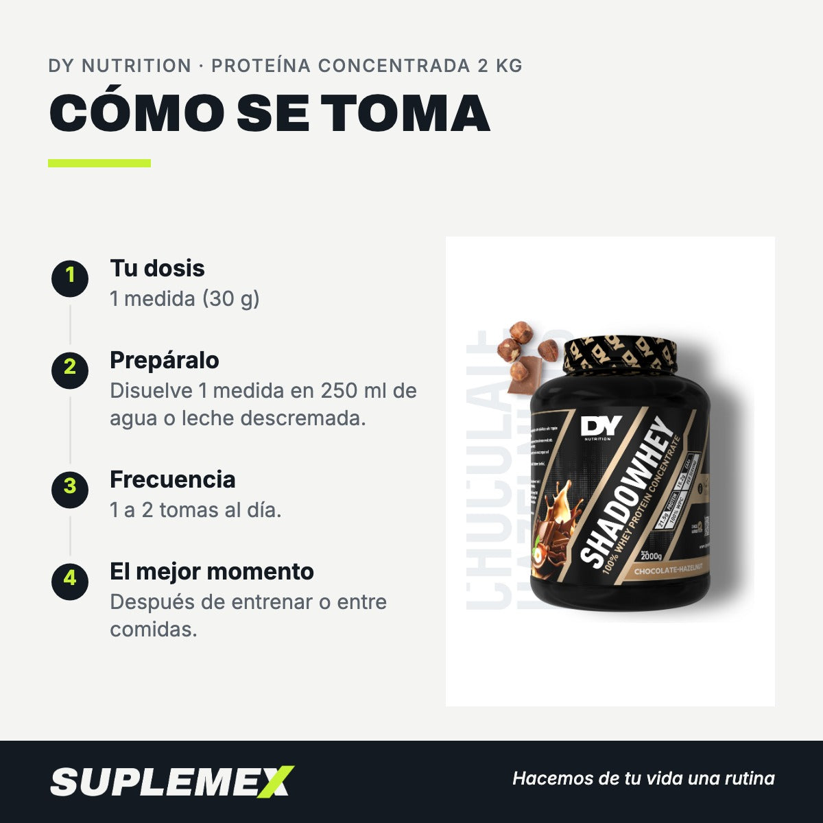 Modo de uso Proteína concentrada: 30 g (1 medida) en 250 ml