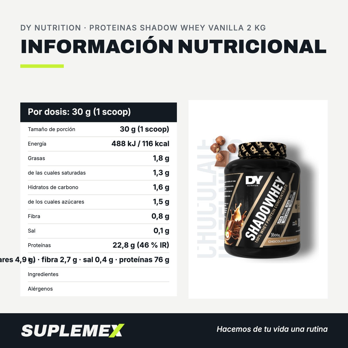 Información nutricional Proteinas shadow whey vanilla 2 kg