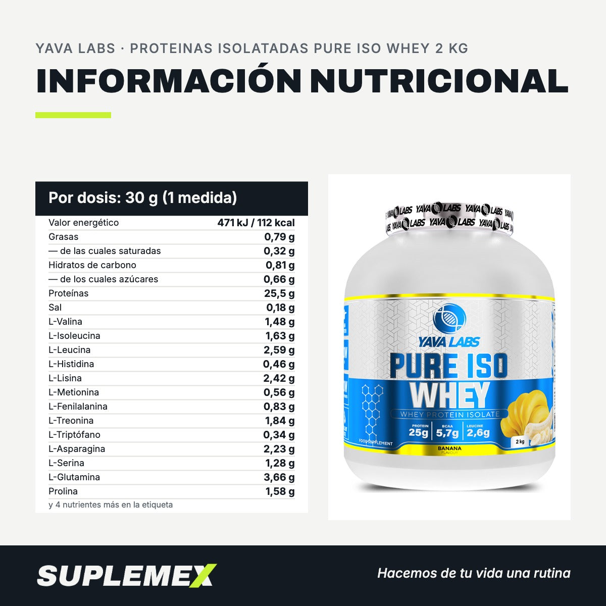 Información nutricional Proteinas isolatadas pure iso whey 2 kg