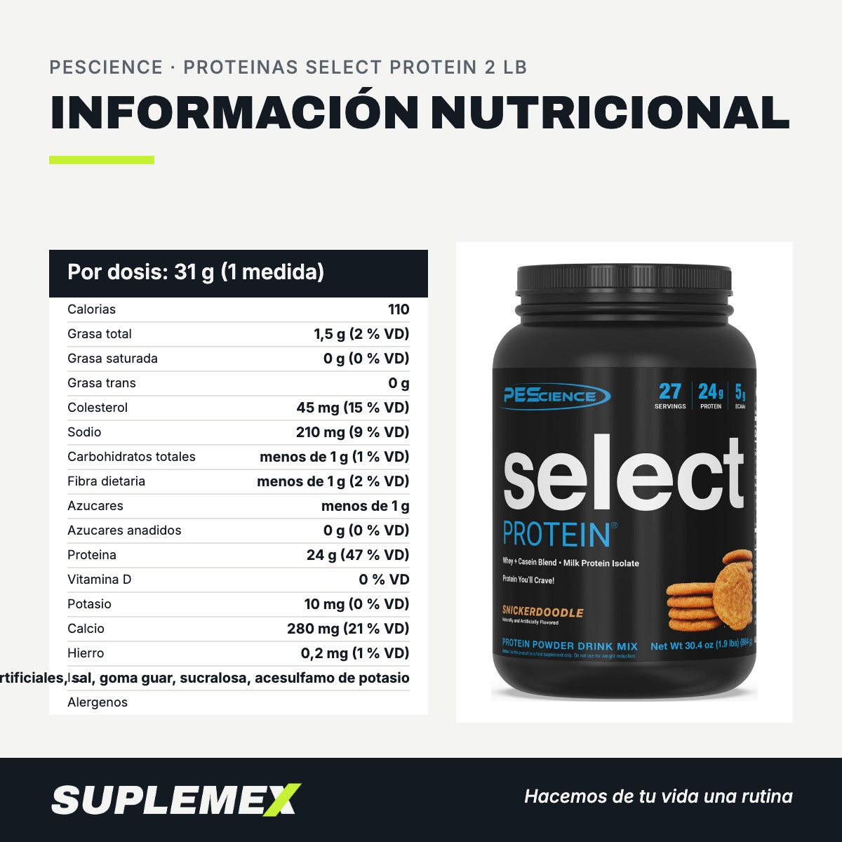 Información nutricional Proteinas select protein 2 lb