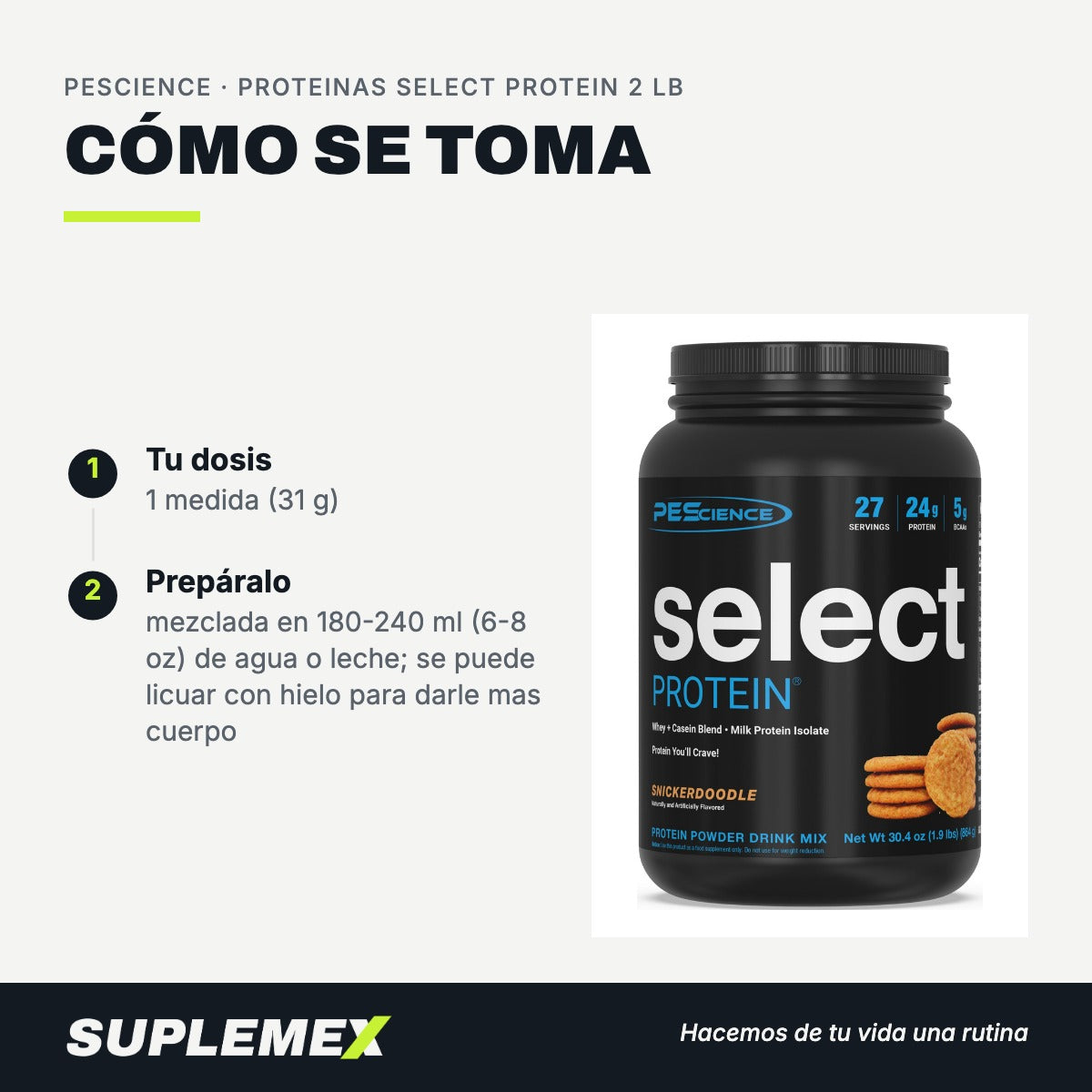 Modo de uso Proteinas select protein: 31 g (1 medida) en 180-240 ml