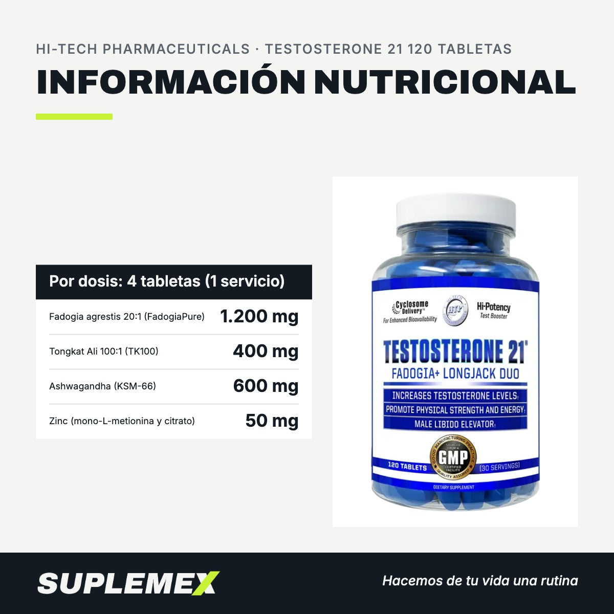 Información nutricional Testosterone 21 120 tabletas 120 tabletas