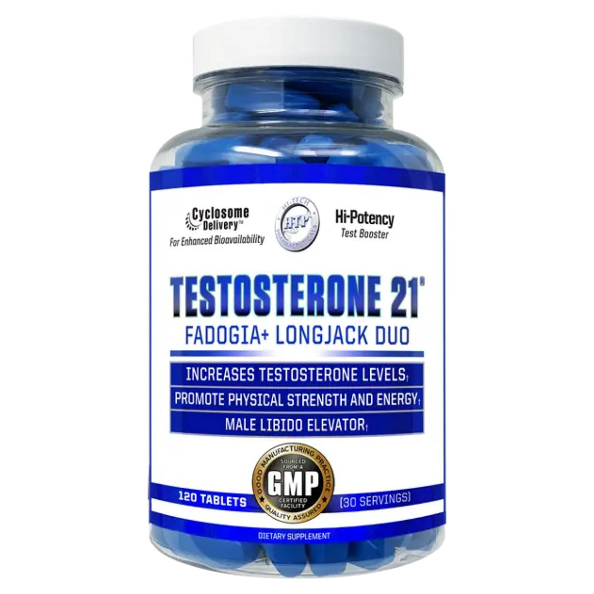 Testosterone 21 120 tabletas Hi-Tech Pharmaceuticals 120 tabletas | 30 servicios | 1.200 mg de extracto de Fadogia agrestis 20:1 (FadogiaPure) por servicio de 4 tabletas.
