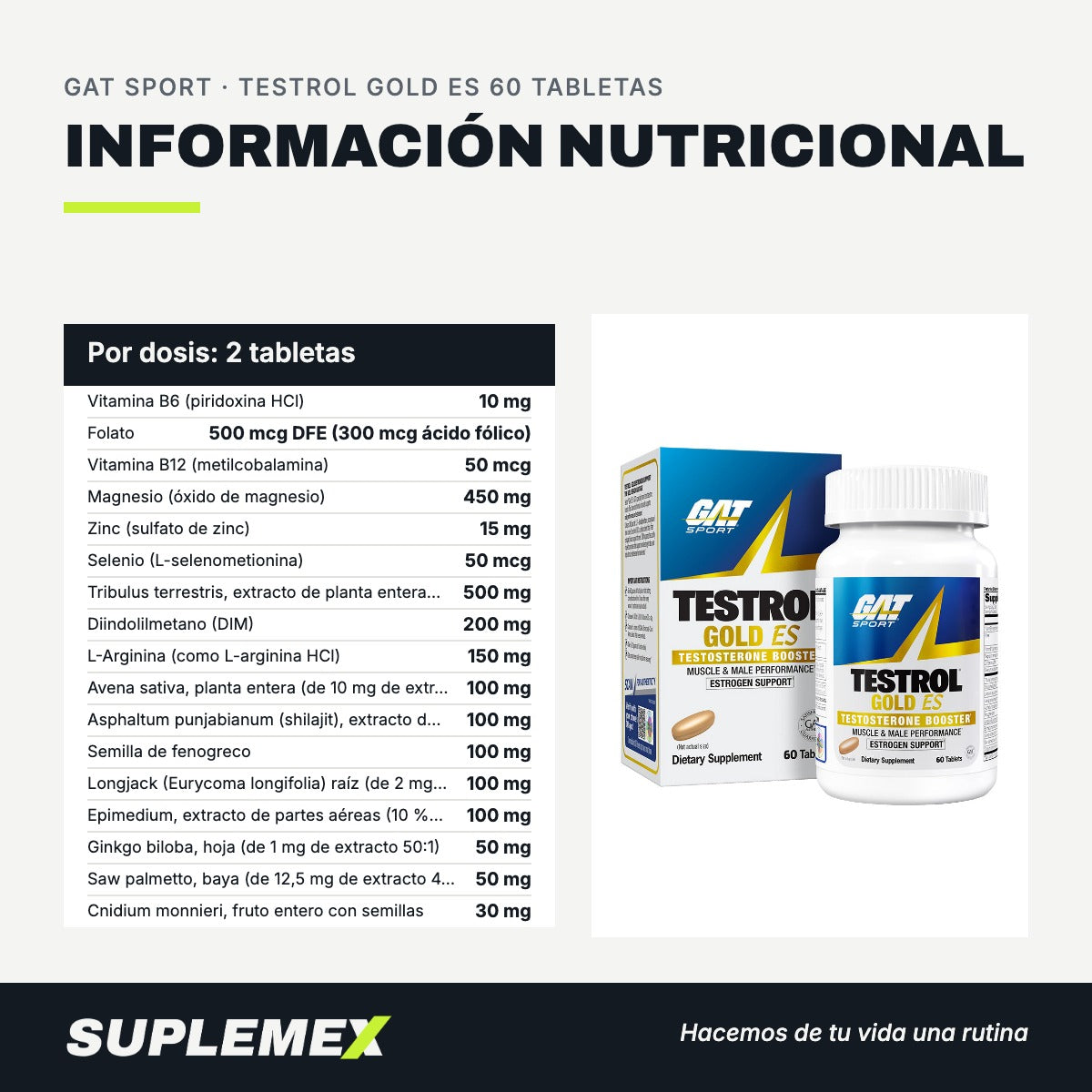 Información nutricional Testrol gold es 60 tabletas