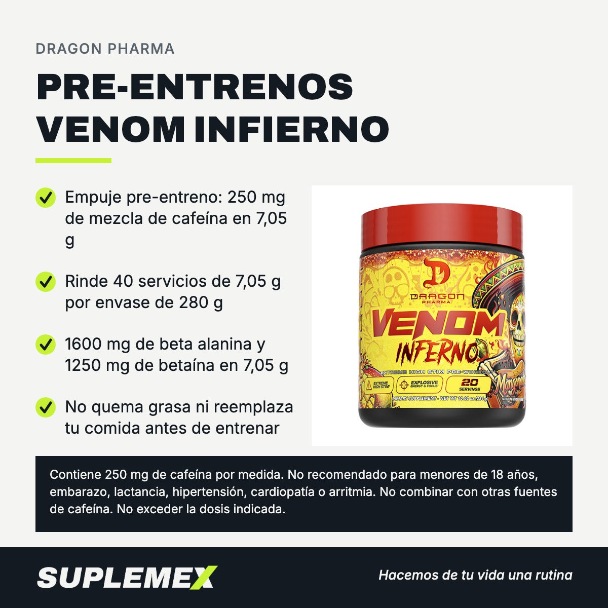 Gráfica de beneficios de Pre-entrenos venom infierno 280 gr