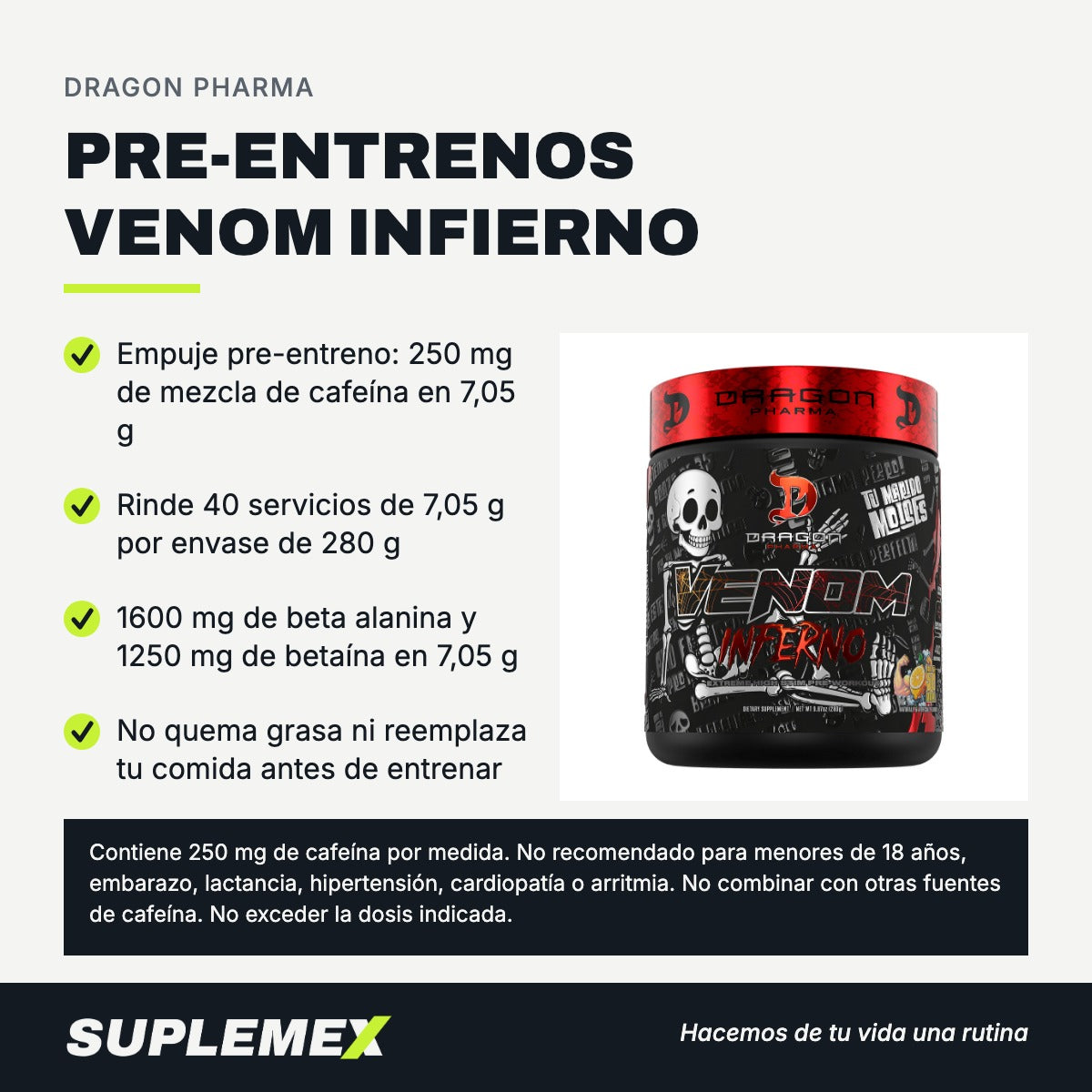 Gráfica de beneficios de Pre-entrenos venom infierno 280 gr