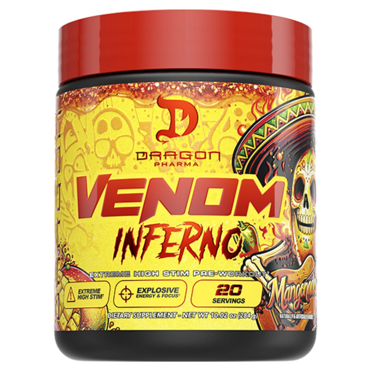 Pre-entrenos venom infierno Dragon Pharma 280 gr | Empuje pre-entreno: 250 mg de mezcla de cafeína en 7,05 g