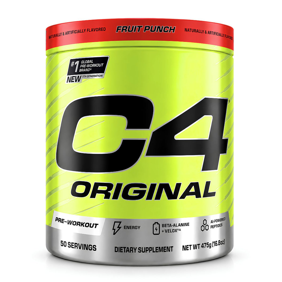 Pote de C4 Original Pre-Workout sabor Fruit Punch, 50 servicios, 475 g, sobre fondo blanco