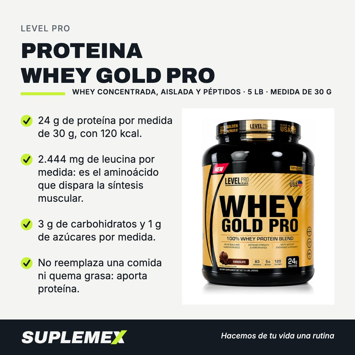 Gráfica de beneficios de Proteina whey gold pro 5 lb (2,27 kg)