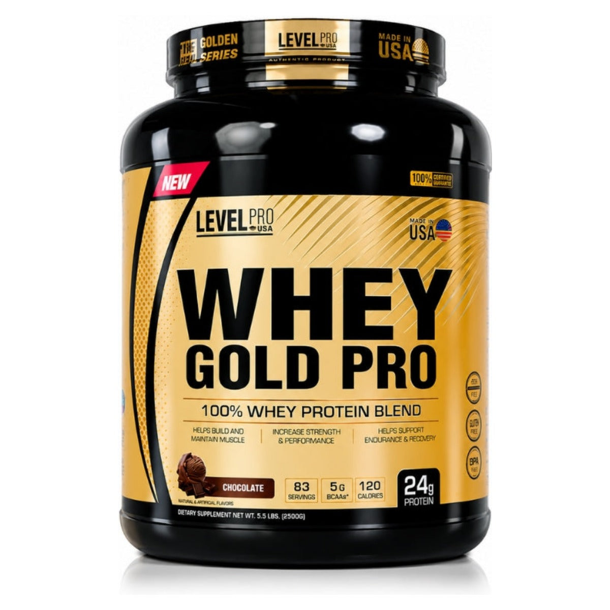 Proteina whey gold pro Level Pro 5 lb (2,27 kg) | 24 g de proteína por medida de 30 g, con 120 kcal.