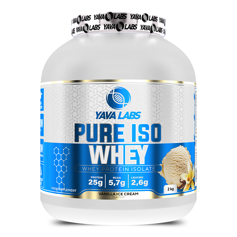 Pote blanco de Yava Labs Pure Iso Whey de 2 kg, etiqueta azul con sabor vainilla helado